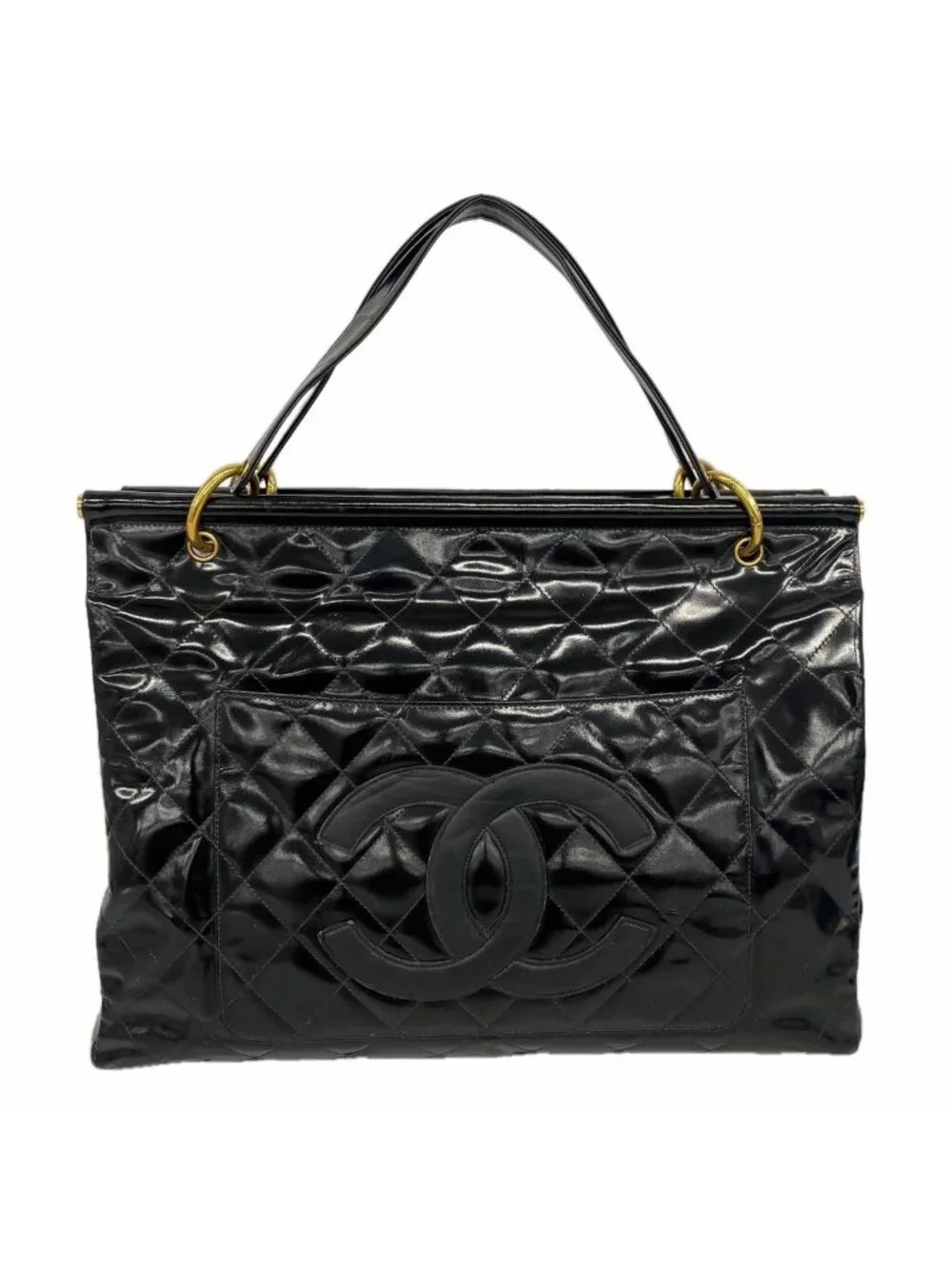 Chanel Tote Bag Quilted Patent Leather Black Gold